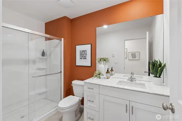 Stand up shower in the main bath. You have a tub in the secondary bath. Photo is for representation purposes only