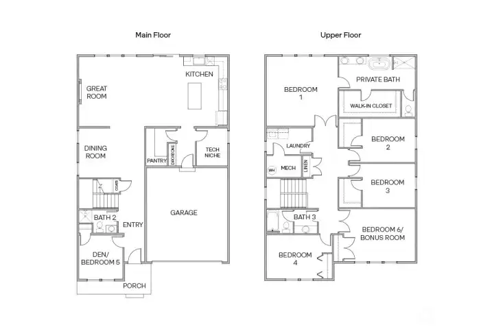 Floor plan layout of the Legacy W130 showing the main floor with great room, kitchen, dining room, den/bedroom 5, and garage, plus the upper floor with 4 bedrooms, bonus room, and laundry. For illustration purposes and some variation may apply.