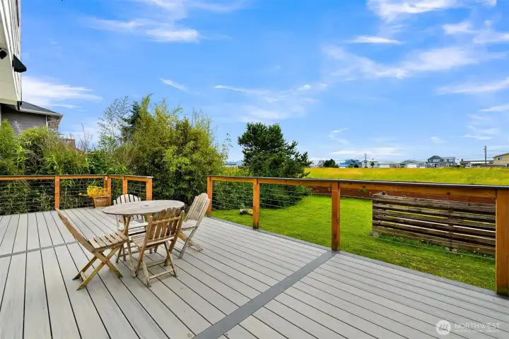 Step outside to a spacious composite deck with room for dining, grilling, and entertaining. Cable railings preserve the open feel while creating a seamless connection between the home and backyard.