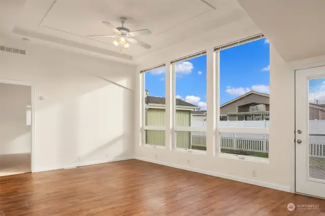 These expansive windows in the great room afford a really nice view of Mount Rainier; unfortunately, on photo day, she was not showing off, so no photo to show you.