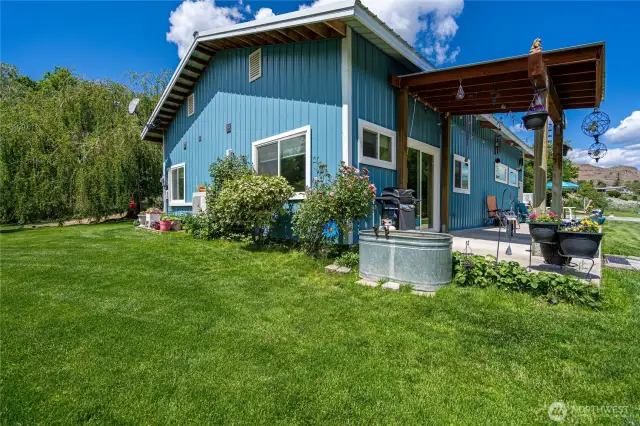Manicured lawn and gardens with irrigation system
