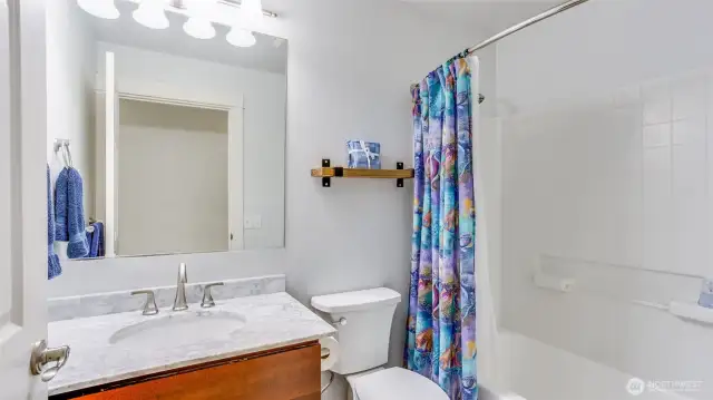 The full hall bath has been nicely updated with Carrera marble counter tops and luxury vinyl floors.