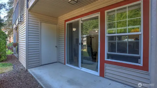 There a very useable patio with a storage closet and privacy.