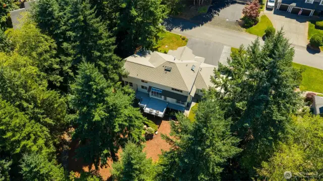 This home is simply stunning, and here you can see the full expanse of the backyard along with the beautiful skylights that fill the interior with natural light.