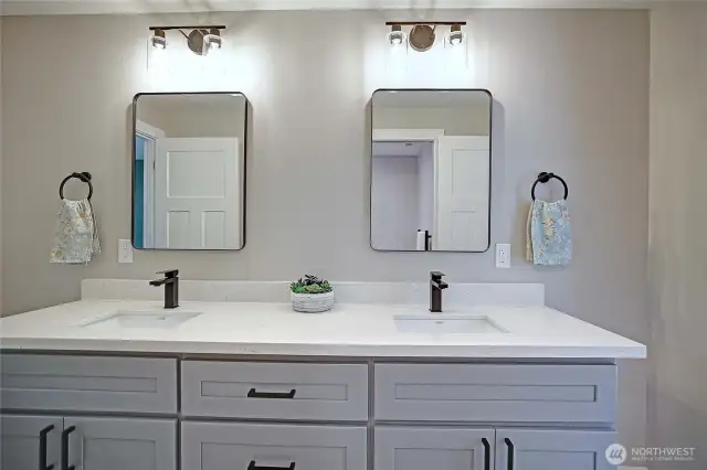Dual vanities for Jack n Jill bath mean no fighting for who gets to use a sink...