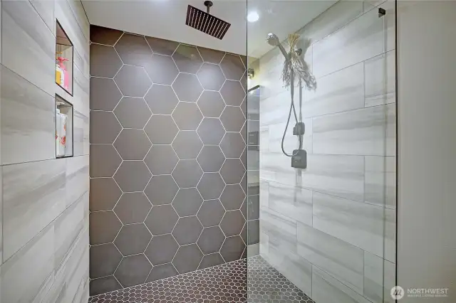 Beautifully tiled walk-in shower.
