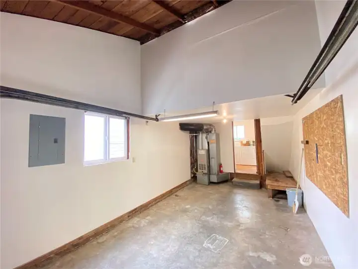 Vaulted ceiling in the garage, with new furnace.