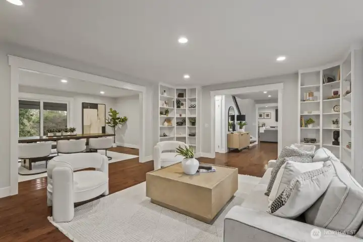 View from the library/living room looking back into the dining room and entry