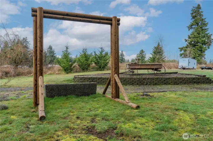 A beautiful area on the property with a hand made wagon.