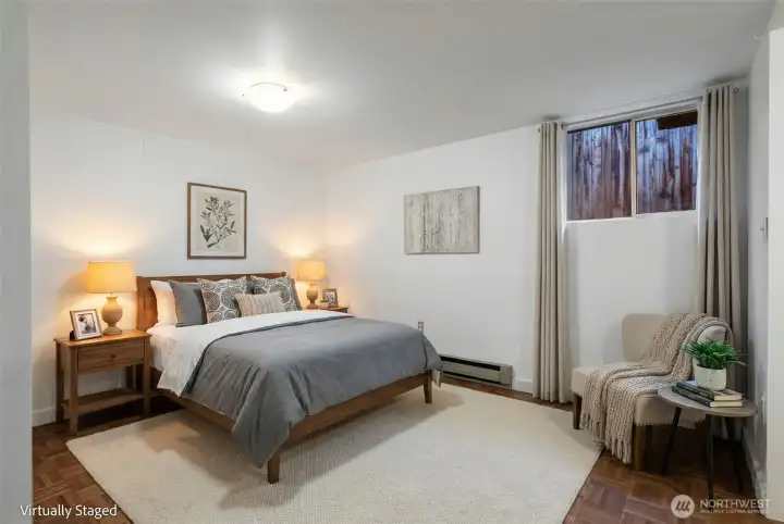Large bedroom in the apartment, good ceiling height in lower level- there is a large closet in this bedroom as well.
