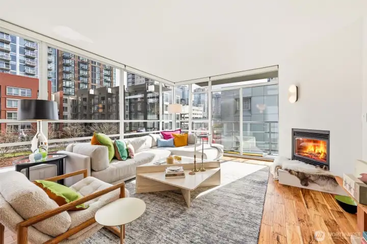 Living room with gas fireplace.