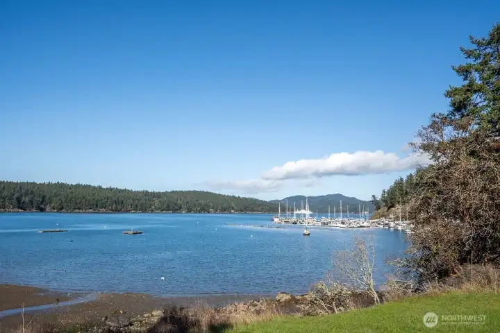 View from yard, low bank beach access, looking NW toward Spencer's Landing Marina