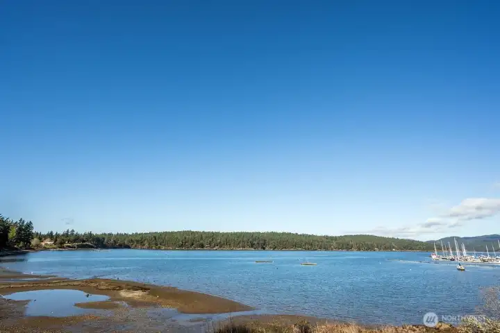 View from yard, looking west across private tidelands and mooring buoy location