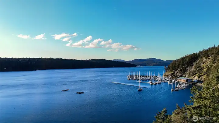 Aerial from above the property of Shoal Bay and Spencer's Landing Marina, with Lopez Island Ferry Landing in the background