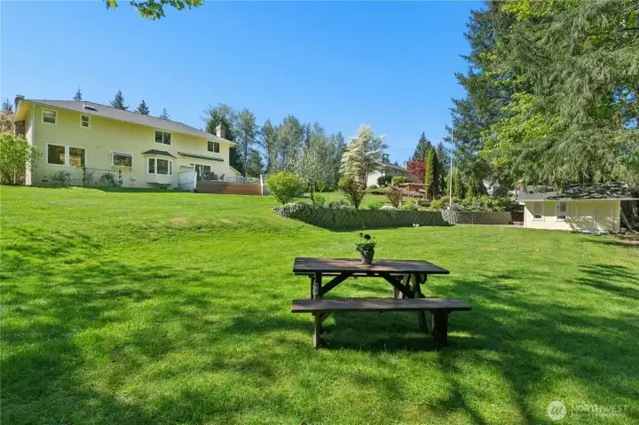 A terraced, usable backyard — rare in the Pacific Northwest and genuinely special. The mature tree line gives you privacy without any effort.