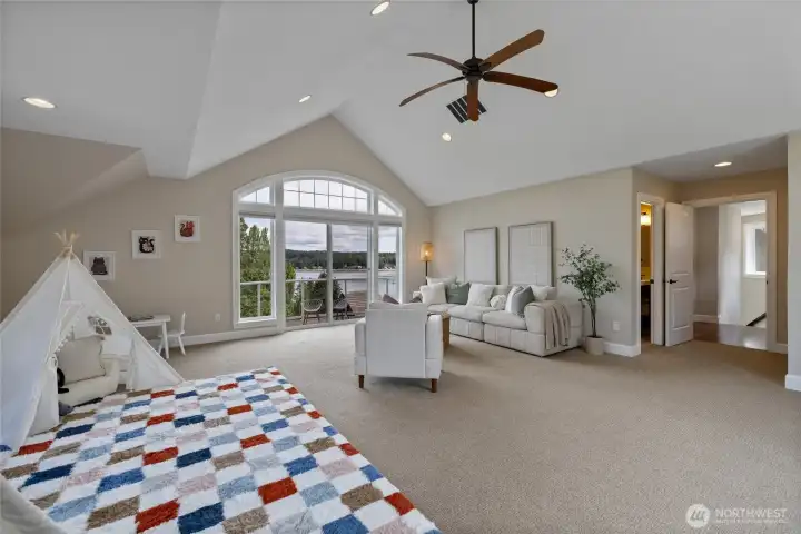 Large bonus room over main garage with its own bathroom, closet and Juliet balcony.