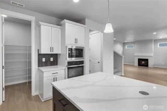 Pantry on left and entry to mudroom on right of oven/microwave