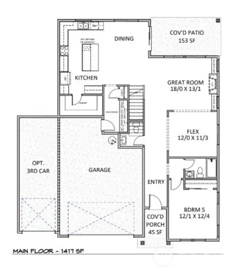 Main level Floor Plan - Flex Space and bedroom are flipped to accommodate Multi-gen living