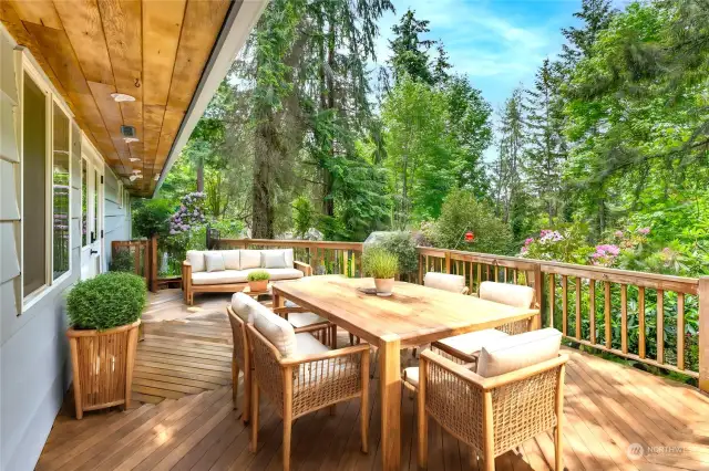 Large herringbone deck overlooking the large, private back yard.