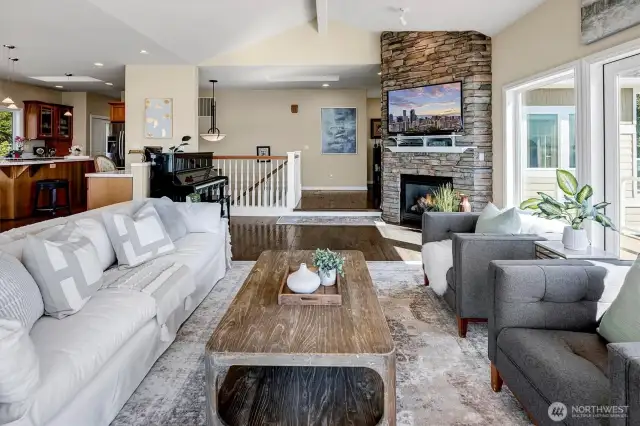 upper living / dining / kitchen, 1/2 bath & 2nd primary bedroom