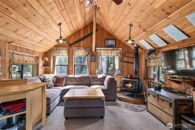 Main Cabin! Vaulted ceilings, living space, wood stove! DIRECT TV!