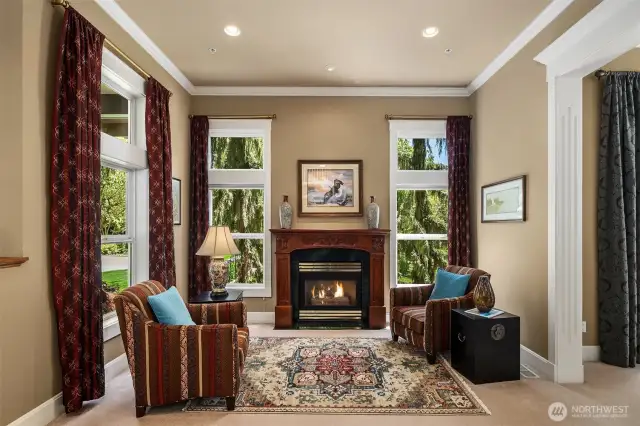 Inviting living room with extensive millwork.