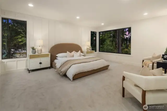 Designer primary suite with five-piece bath & heated floors