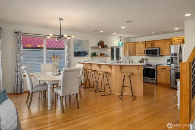 Spacious kitchen opens to dining and living areas