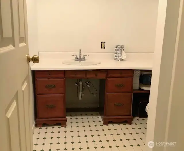 Ensuite master bath vanity has spacious counter top & storage, shower and window.