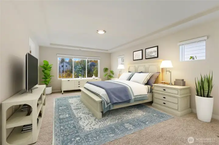 Bright primary bedroom on the third floor with virtual staging