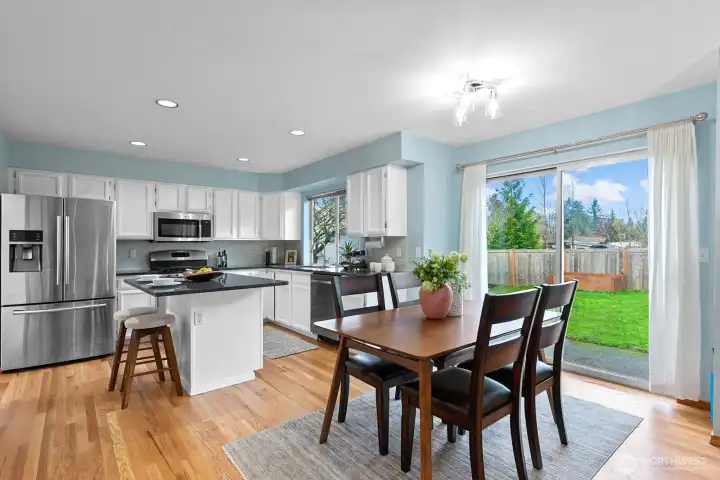 In kitchen eating area.