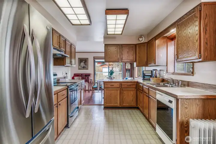 Spacious kitchen with lots of storage.