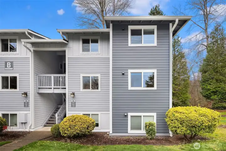 The condo has a sunny southern exposure.  Kitchen is filled with light and overlooks the driveway entry.