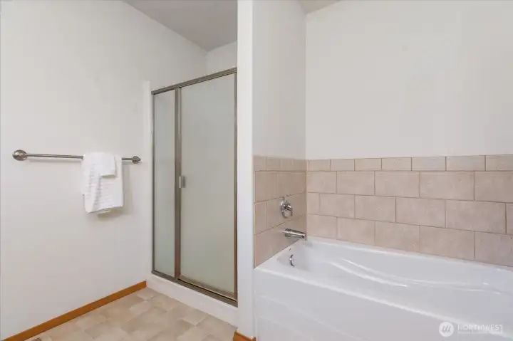Step in shower and separate soaking tub.