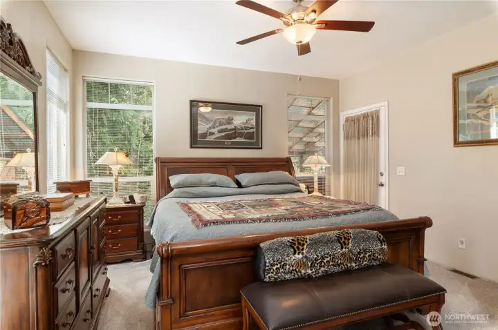 Primary bedroom, back door leads to jacuzzi