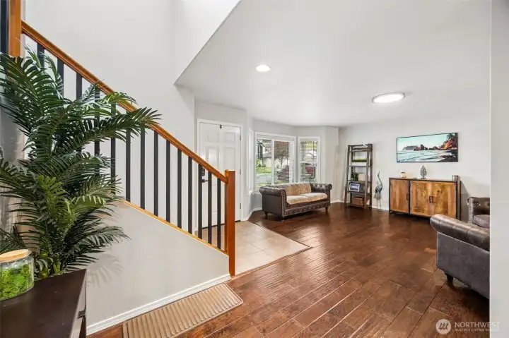 Gorgeous open rail on the vaulted stairwell.
