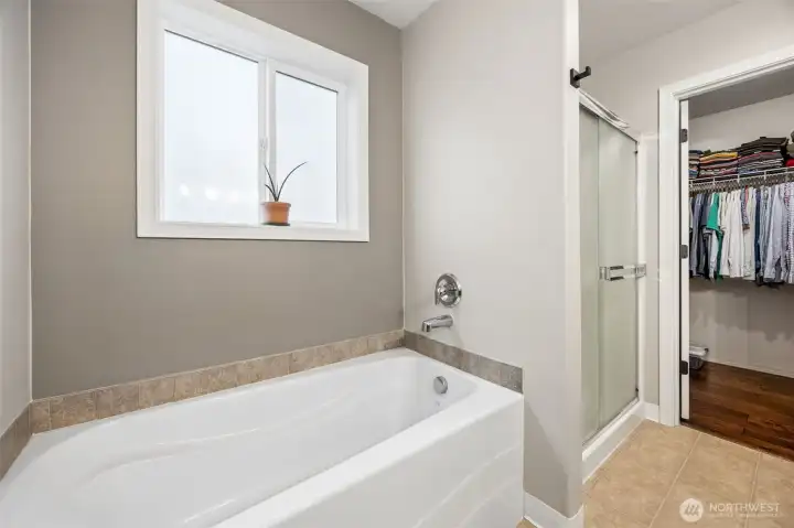 Primary bath features soaking tub and separate shower with a walk in closet.