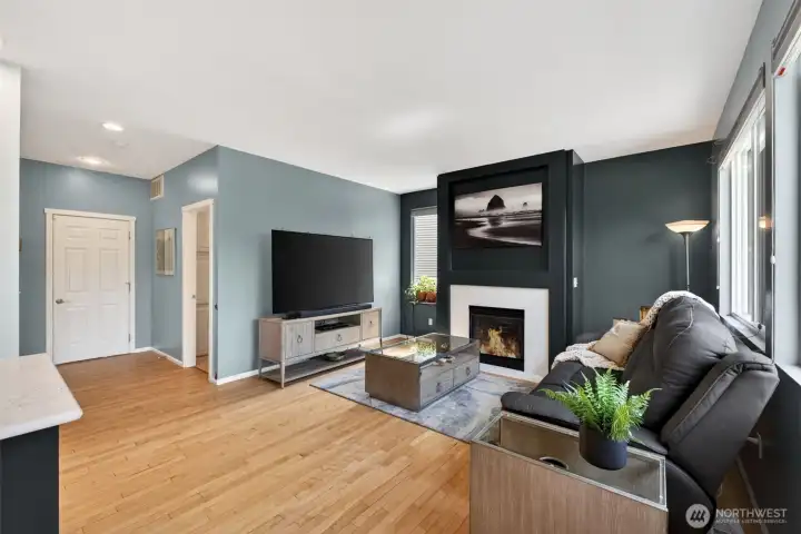 Family room is adjacent to the kitchen and features a gas fireplace