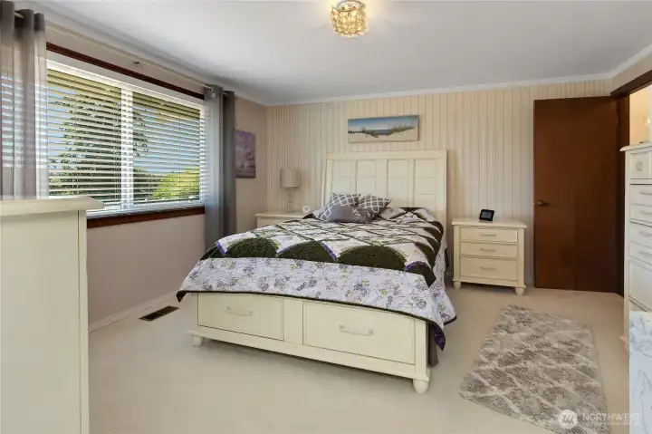 Primary bedroom off the back of the home offers great natural light and privacy.
