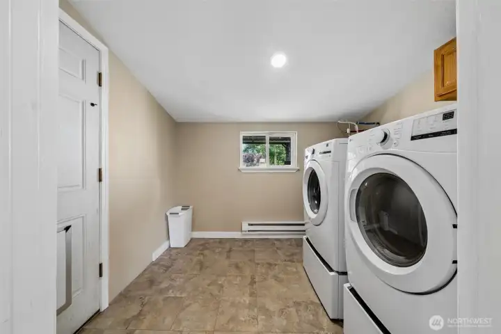 Utility room off the kitchen with door to back deck and yard.