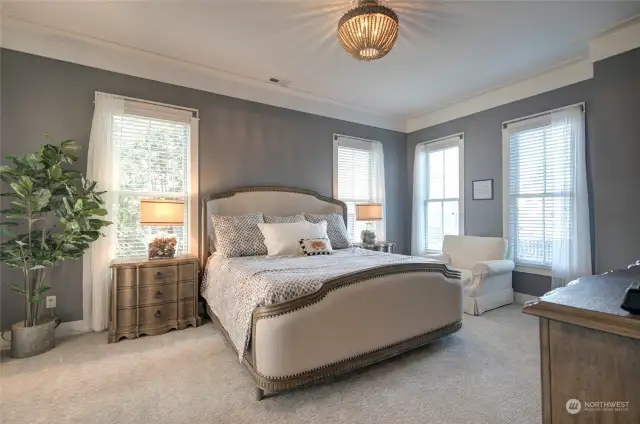 Also on the main floor is an oversized primary suite that has access to the sunroom space and private primary bath.