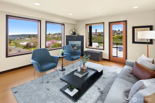 Beautiful views from the living room area and access to outdoor deck.