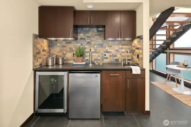 Wet bar with wine fridge and kegerator