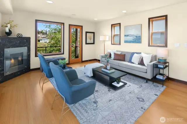 Main living space with views and fireplace