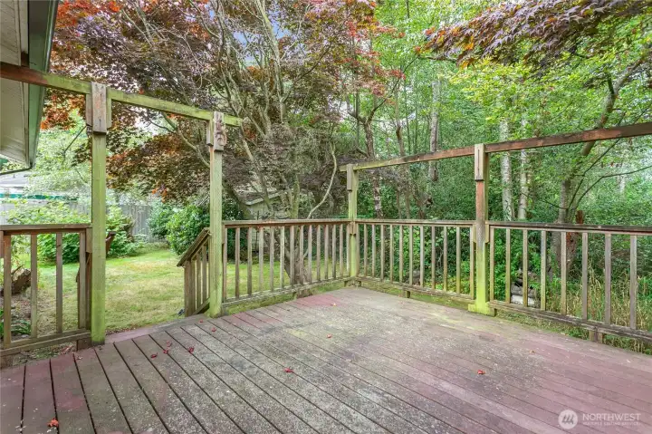 Large deck off back w/beautifully peaceful greenery views