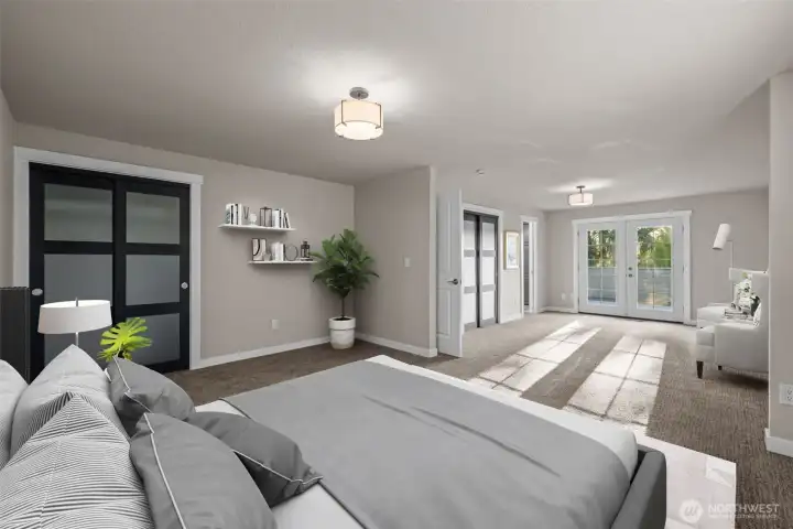 Primary Suite with French Doors to  West Sunset Deck view VS