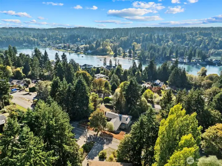 Drone view of East Bay, in established Neighborhood of Wollochet Heights