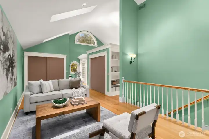 Upstairs, vaulted ceilings and skylights flood the sitting area with natural light—a tranquil retreat that is big enough for many possible uses.  In the evening, the indirect lighting built into the free standing closet is gentle on your eyes as well as your soul.