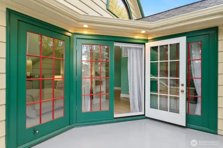 This photo says it all.  From inside you have 4 panels of windows to the world.  From outside you have a framed little alcove so you can get away from it all.