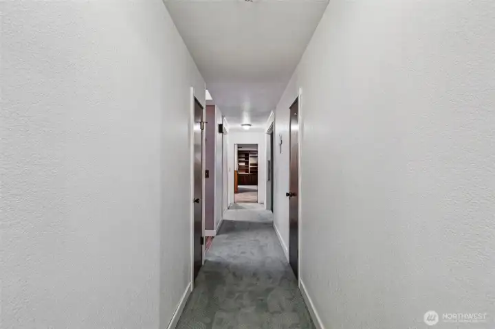 View of the hallway, with a couple of closet doors. The family room is at the back.